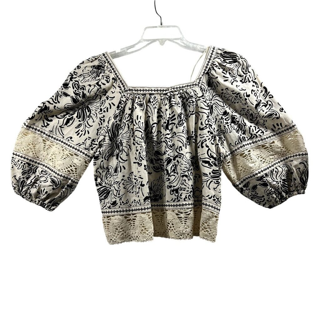 NWT Christian Siriano Linen Blend Boho Cream Black Peasant Crochet Crop Top S - Picture 6 of 11